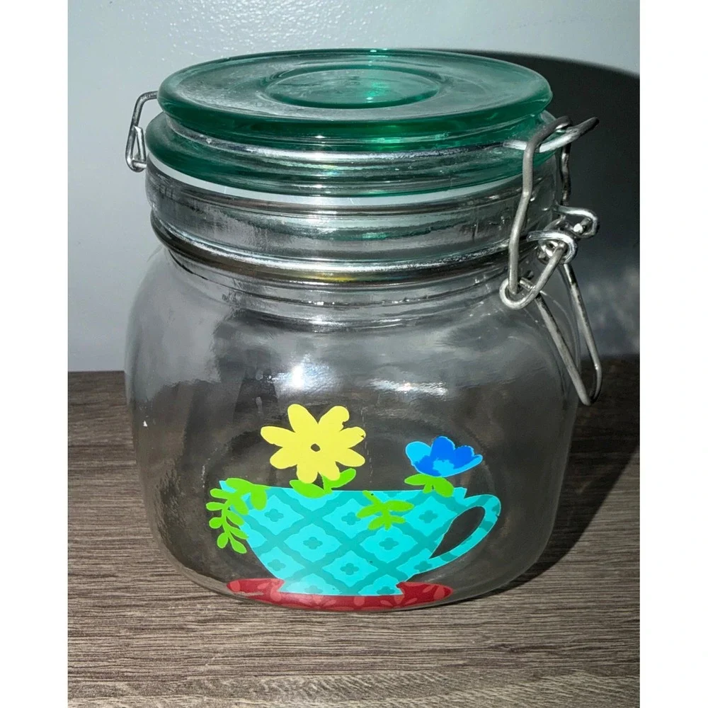 Vintage Style Glass Storage Jar Green Lid Teacup Floral Graphic Wire Bale 5in